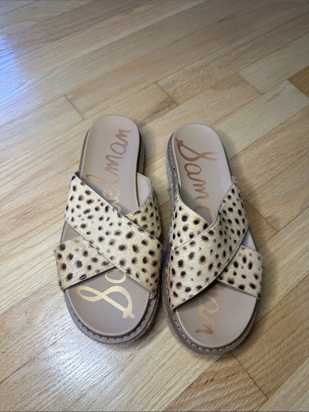 Sam Edelman Beige Leopard Crisscross Slide Sandals